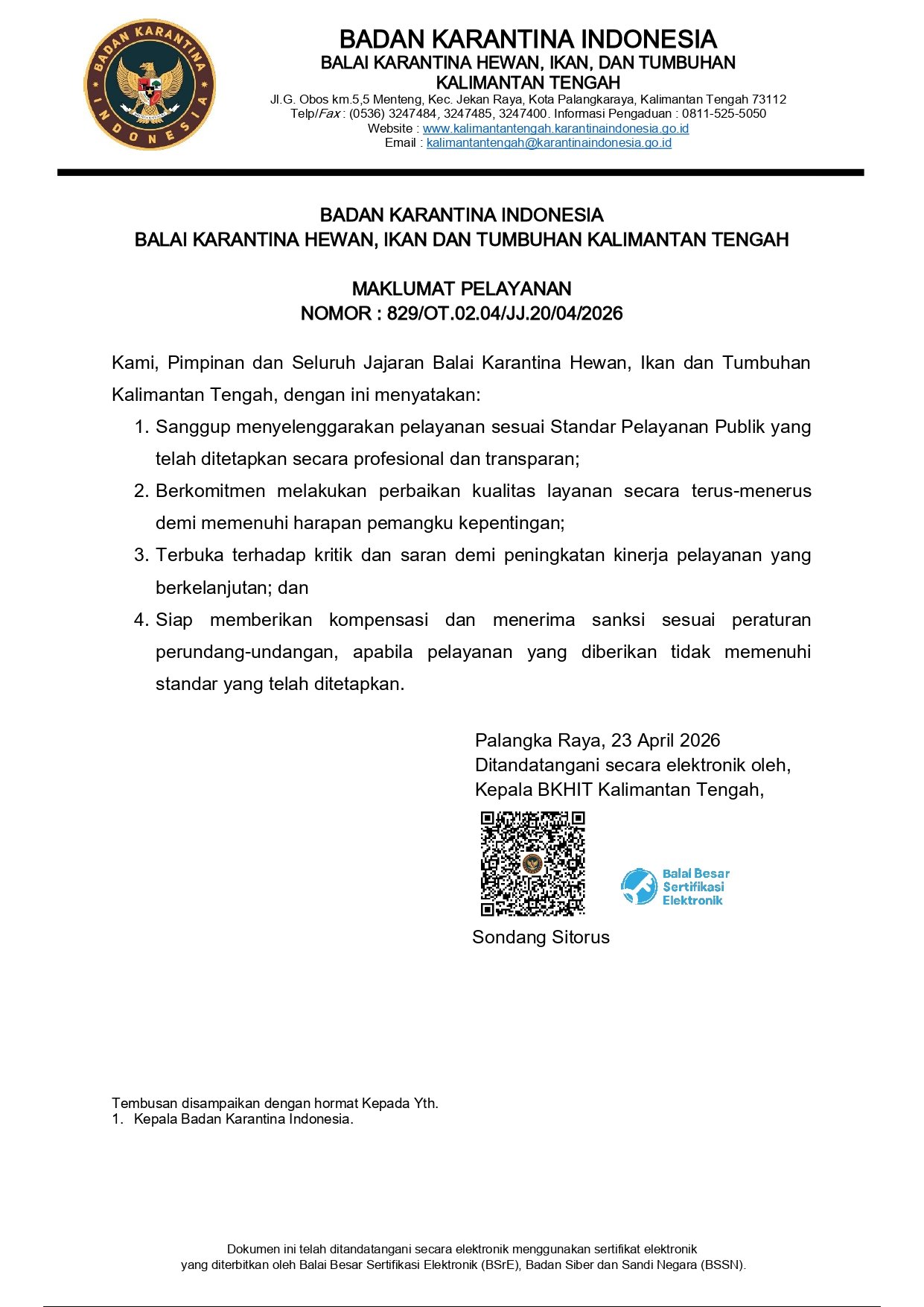 Maklumat Pelayanan BKHIT Kalimantan Tengah